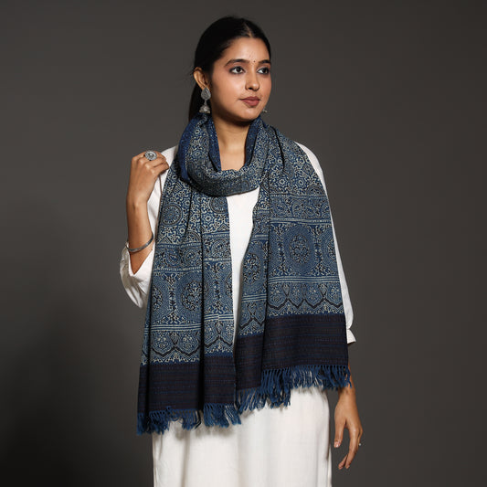 Blue - Kutch Traditional Ajrakh Block Printed Handwoven Pure Wool Stole