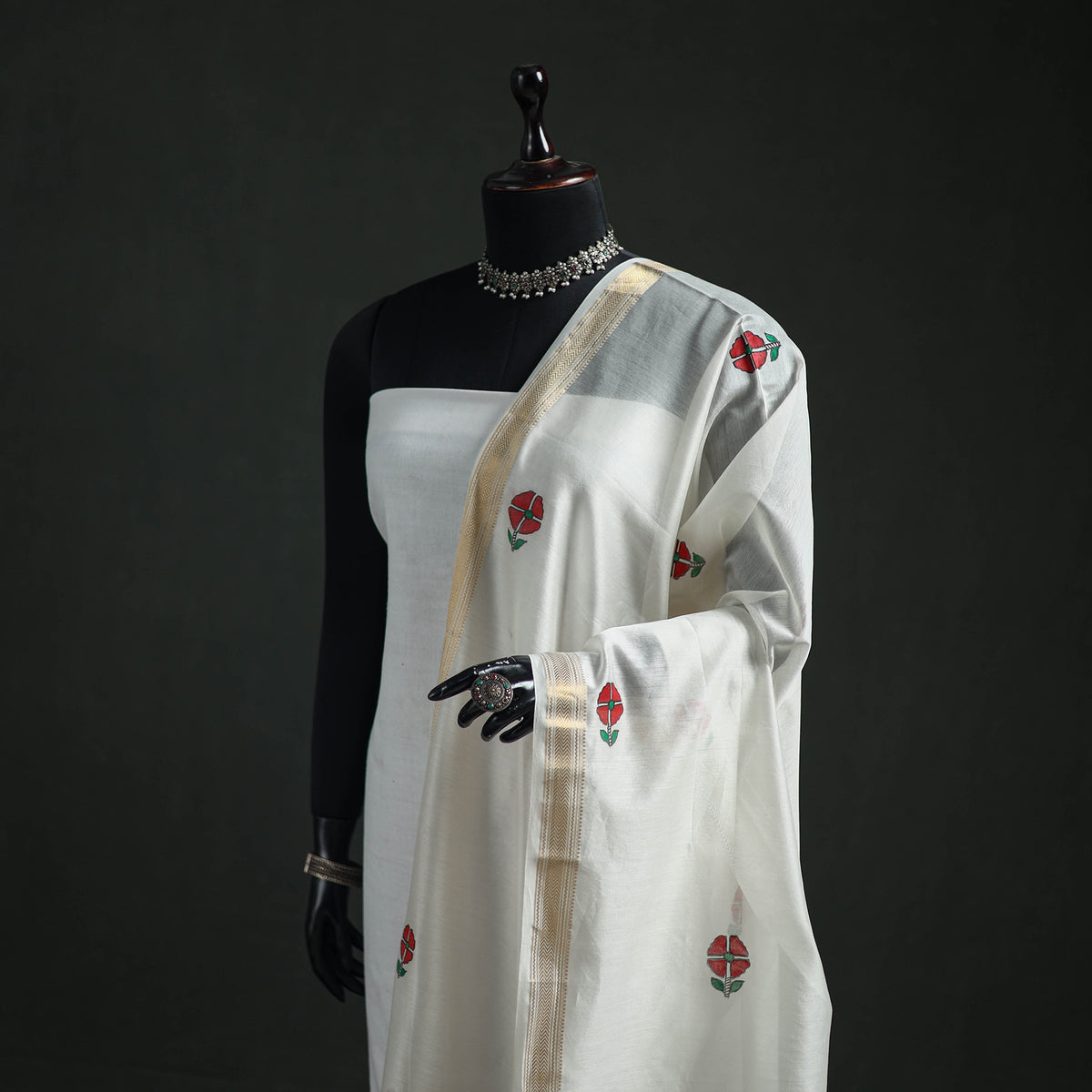 Handloom Chanderi Silk Handpainted Madhubani Dupatta with Zari Border 06