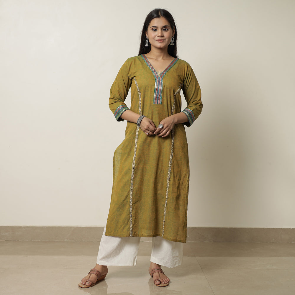 Mehendi Green - Dharwad Cotton Straight Kurta with Kalamkari Patchwork 08