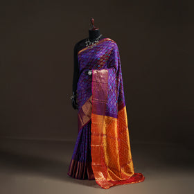 Purple - Traditional Pochampally Ikat Handwoven Pure Silk Pattu Saree with Rudraksha Border 01