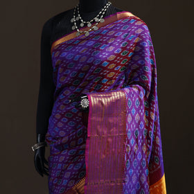 Purple - Traditional Pochampally Ikat Handwoven Pure Silk Pattu Saree with Rudraksha Border 01