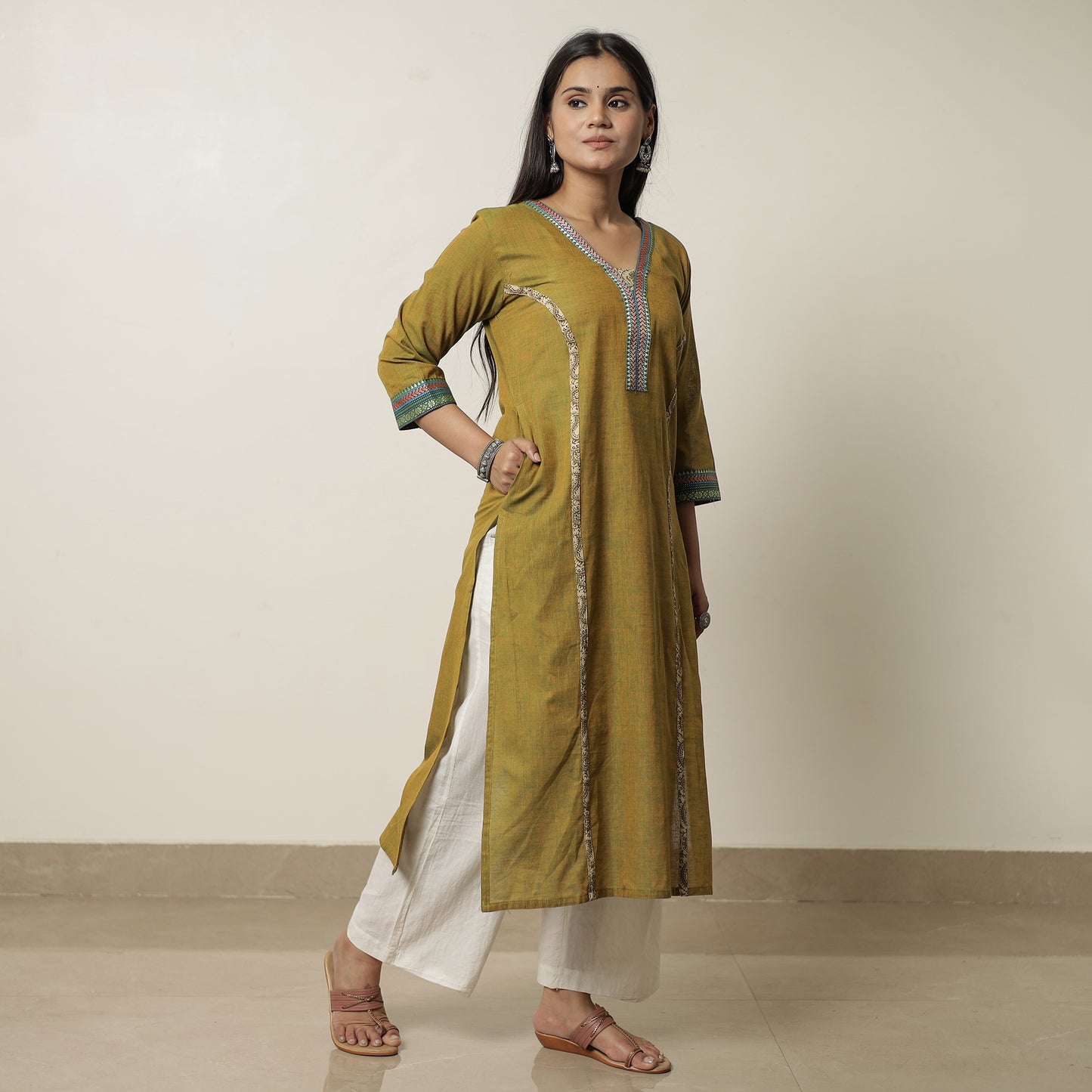 Mehendi Green - Dharwad Cotton Straight Kurta with Kalamkari Patchwork 08