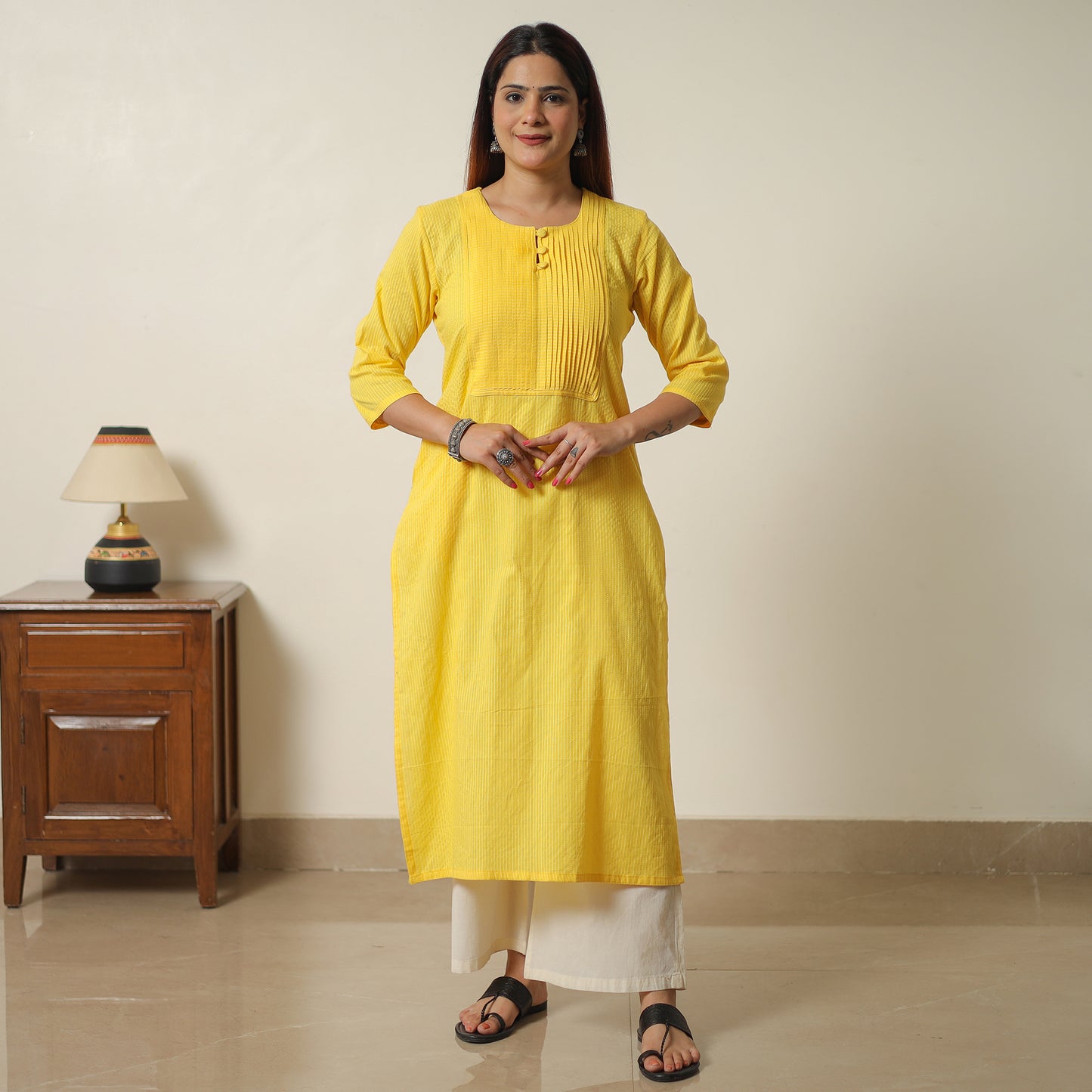 Yellow - Plain Running Stitch Cotton Pintuck Straight Kurta 09