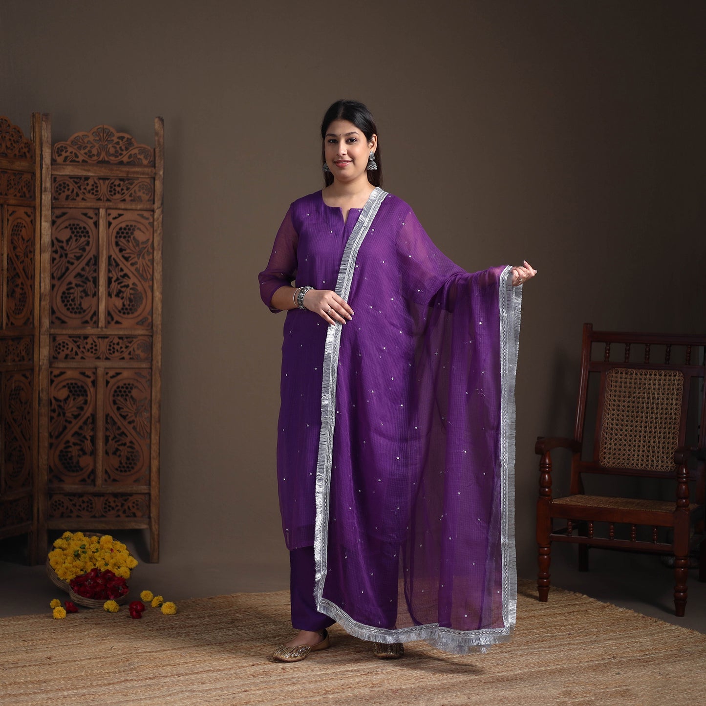 Sequin Work Plain Kota Doria Cotton Suit Set with Lace Work Dupatta for Women 11