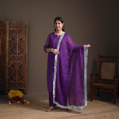 Sequin Work Plain Kota Doria Cotton Suit Set with Lace Work Dupatta for Women 11
