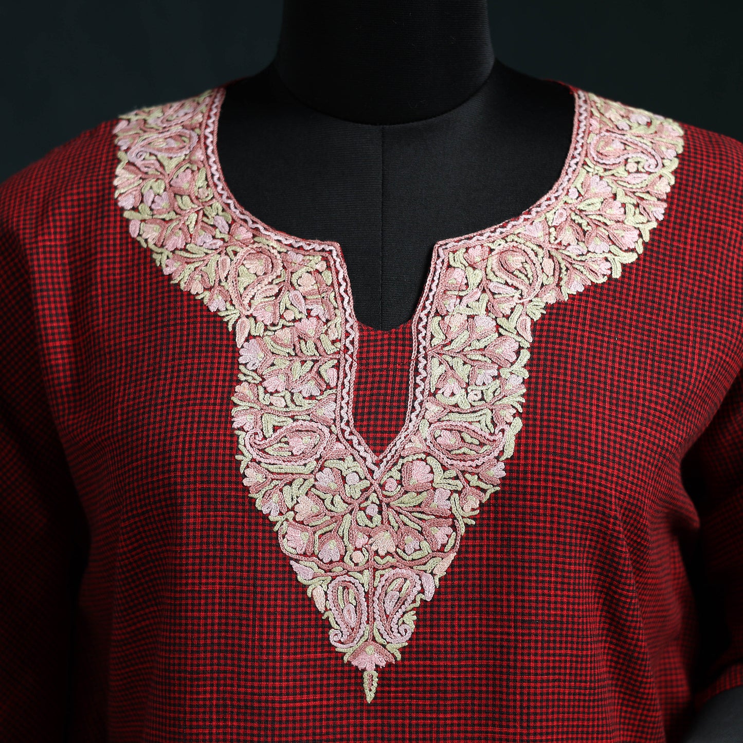 Maroon - Kashmiri Aari Hand Embroidered Cotton Kaftan (Long) 46