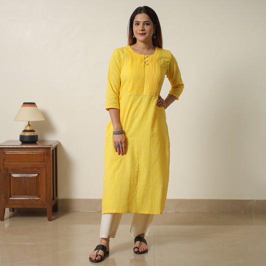 Yellow - Plain Running Stitch Cotton Pintuck Straight Kurta 09