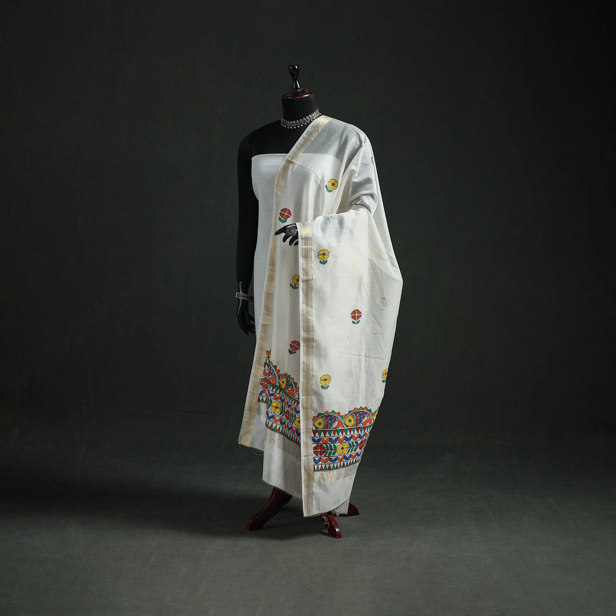 Handloom Chanderi Silk Handpainted Madhubani Dupatta with Zari Border 07