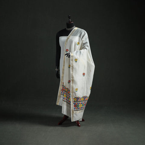 White - Handloom Chanderi Silk Handpainted Madhubani Dupatta with Zari Border 07