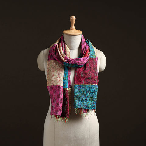 Patchwork Reversible Silk Bengal Hand Kantha Stitch Stole 16