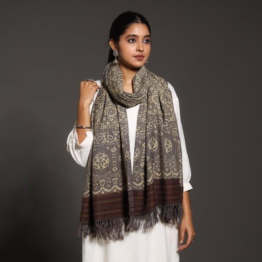 Grey - Kutch Traditional Ajrakh Block Printed Handwoven Pure Wool Stole