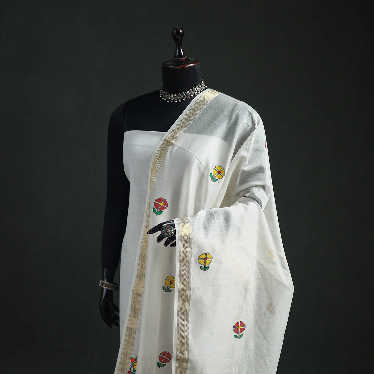Handloom Chanderi Silk Handpainted Madhubani Dupatta with Zari Border 07