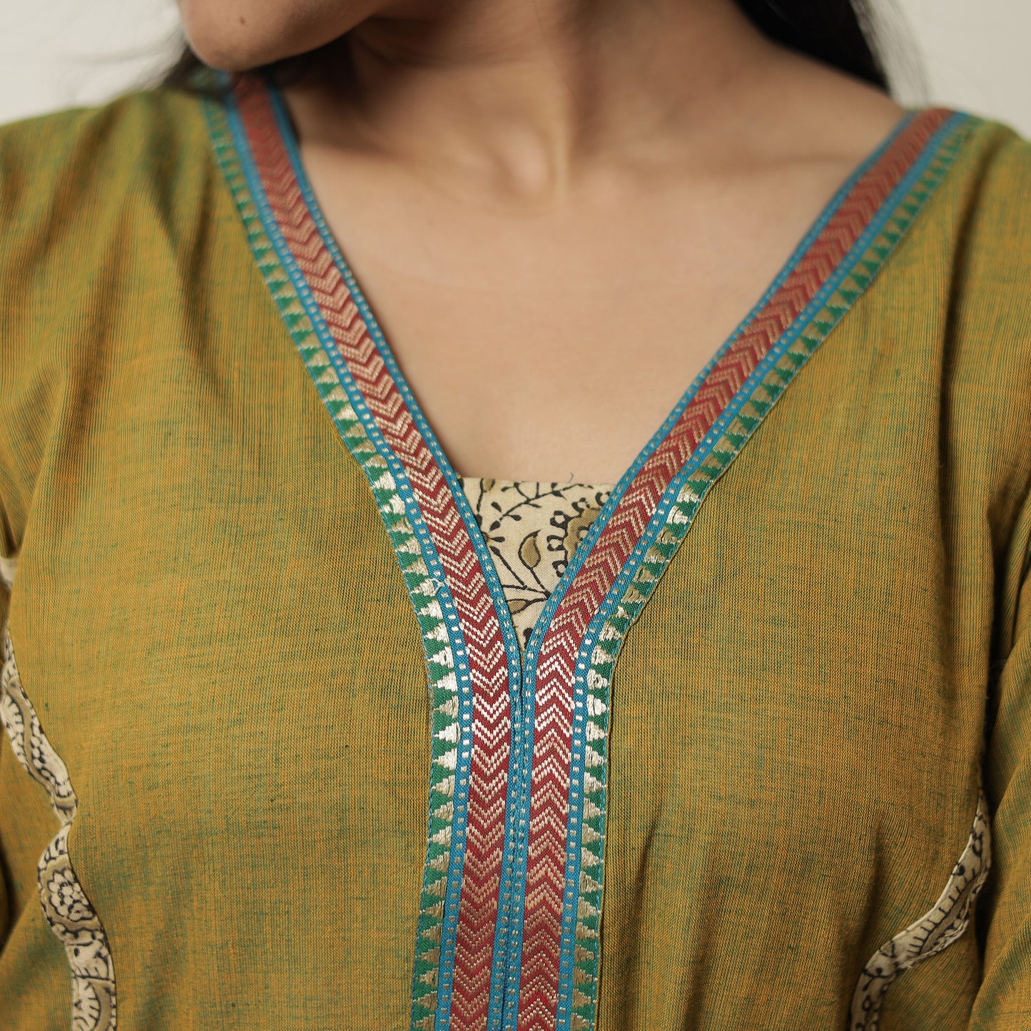 Mehendi Green - Dharwad Cotton Straight Kurta with Kalamkari Patchwork 08