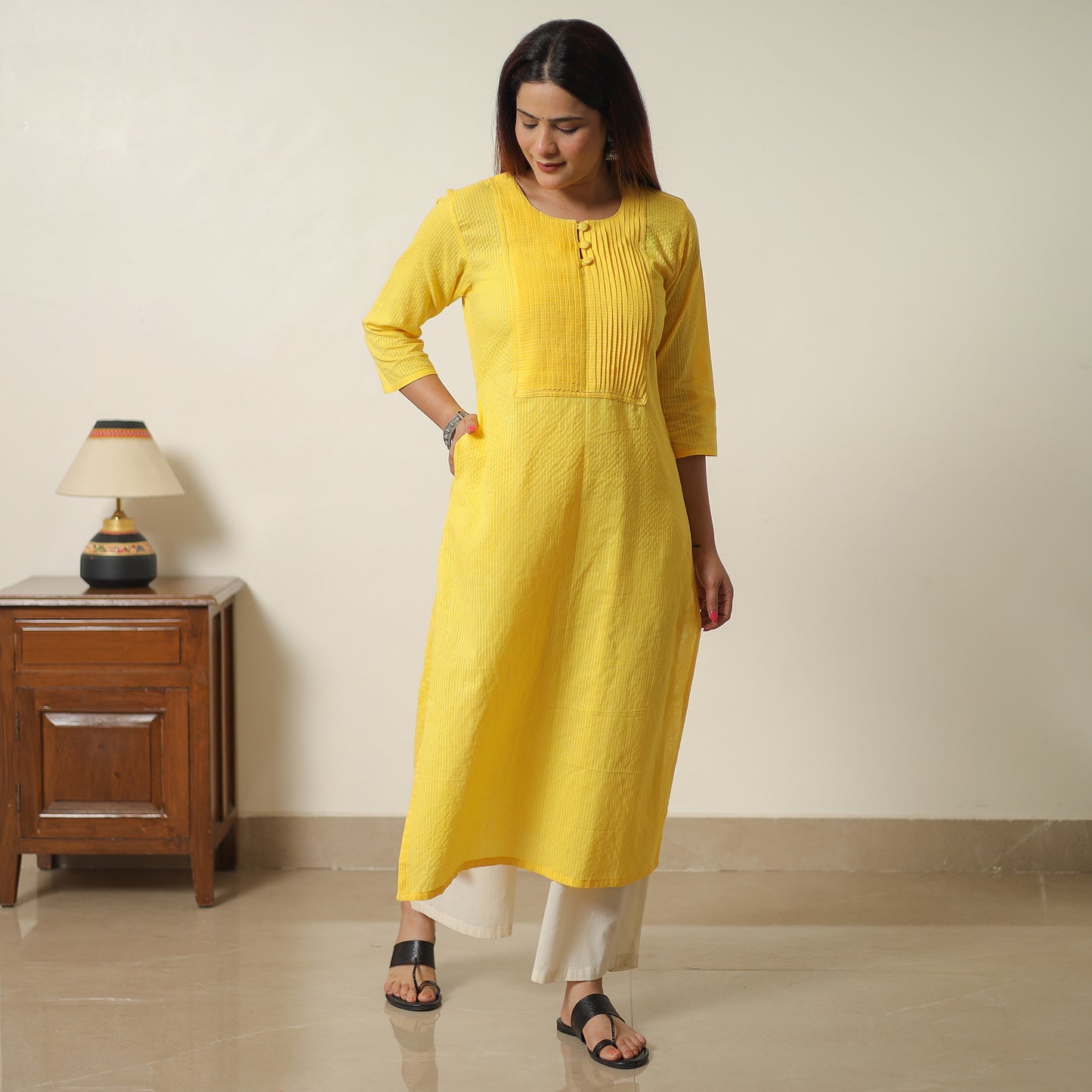 Yellow - Plain Running Stitch Cotton Pintuck Straight Kurta 09