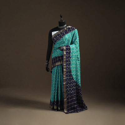 Blue - Kutch Rai Bandhani Pure Mul Cotton Saree with Blouse Piece 43