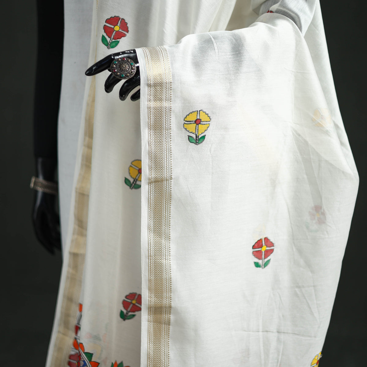 Handloom Chanderi Silk Handpainted Madhubani Dupatta with Zari Border 07