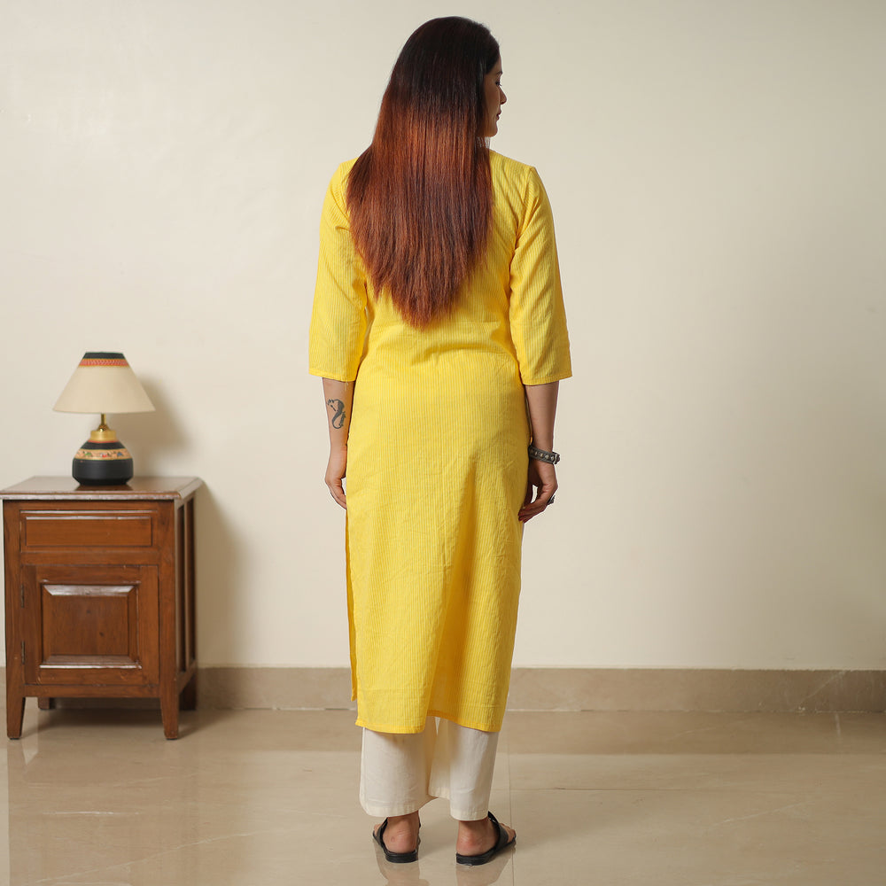 Yellow - Plain Running Stitch Cotton Pintuck Straight Kurta 09