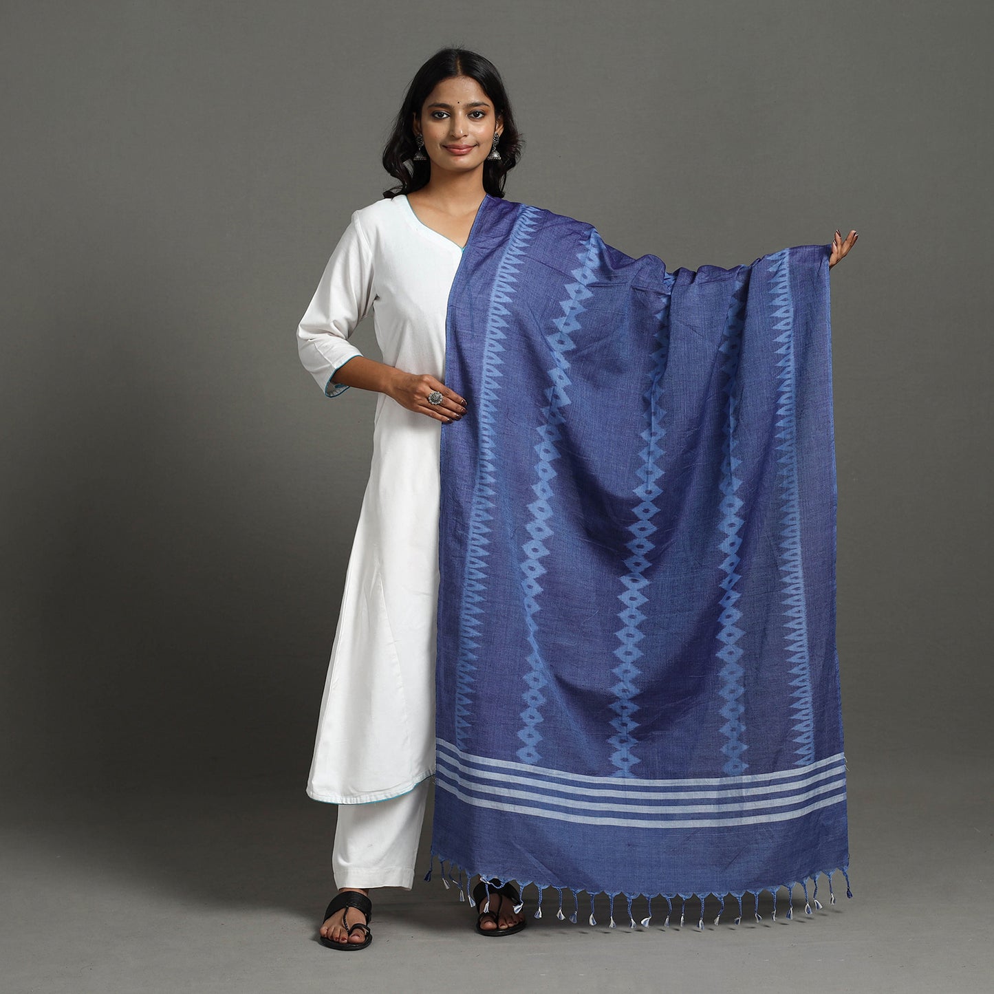 Blue - Handloom Cotton Maniabandha Ikat Dupatta  08