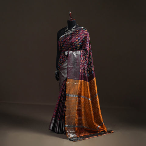 Purple - Traditional Pochampally Ikat Handwoven Pure Silk Pattu Saree with Rudraksha Border 02