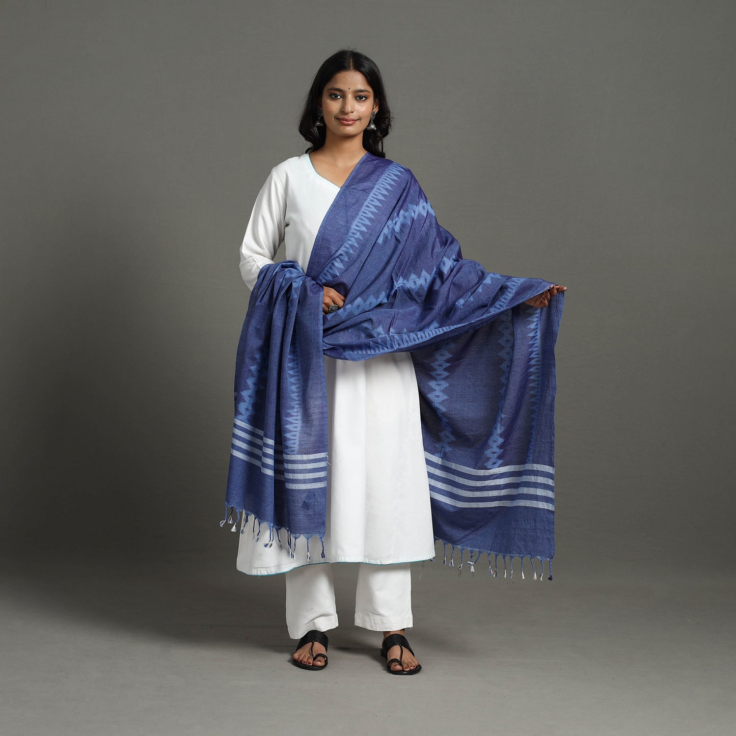 Blue - Handloom Cotton Maniabandha Ikat Dupatta  08