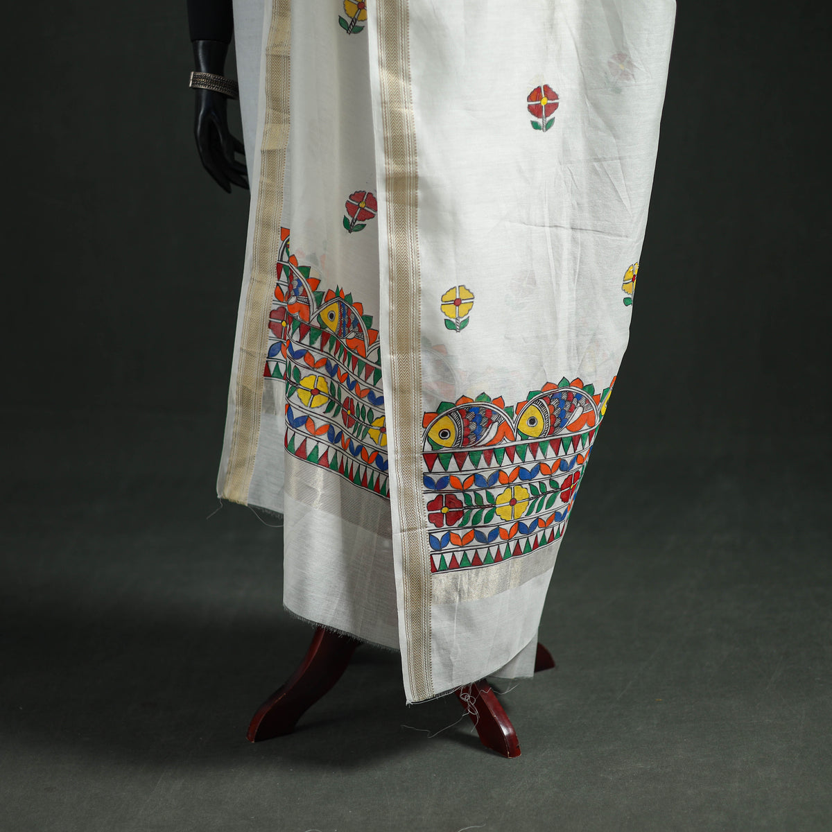 Handloom Chanderi Silk Handpainted Madhubani Dupatta with Zari Border 07