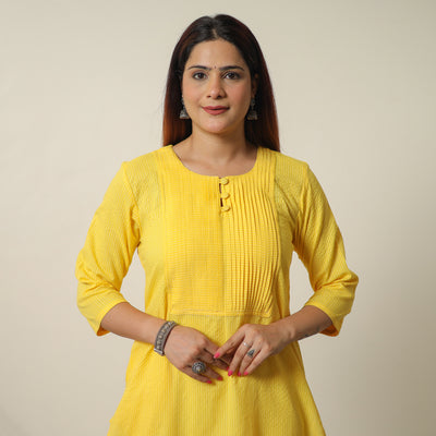 Yellow - Plain Running Stitch Cotton Pintuck Straight Kurta 09