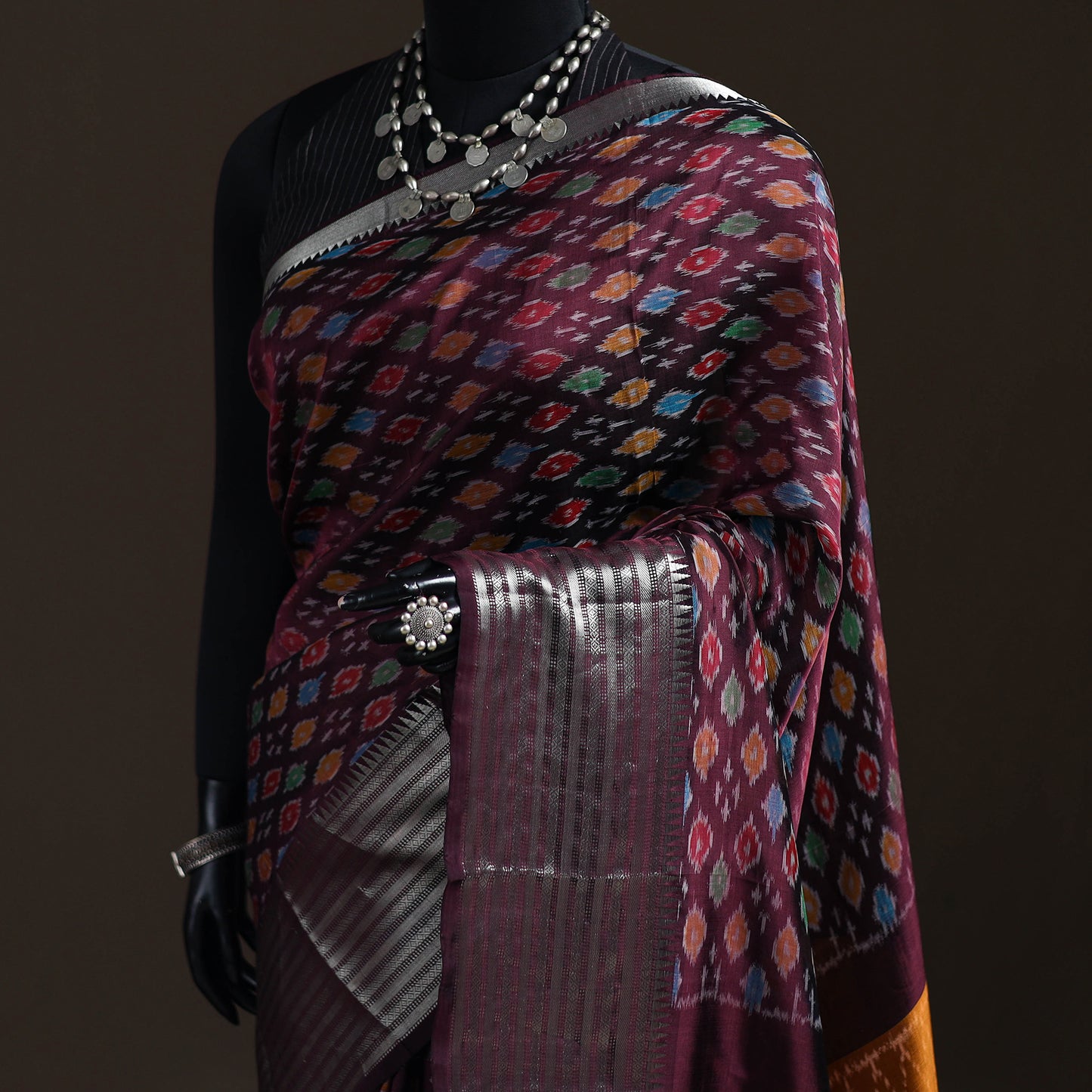Purple - Traditional Pochampally Ikat Handwoven Pure Silk Pattu Saree with Rudraksha Border 02