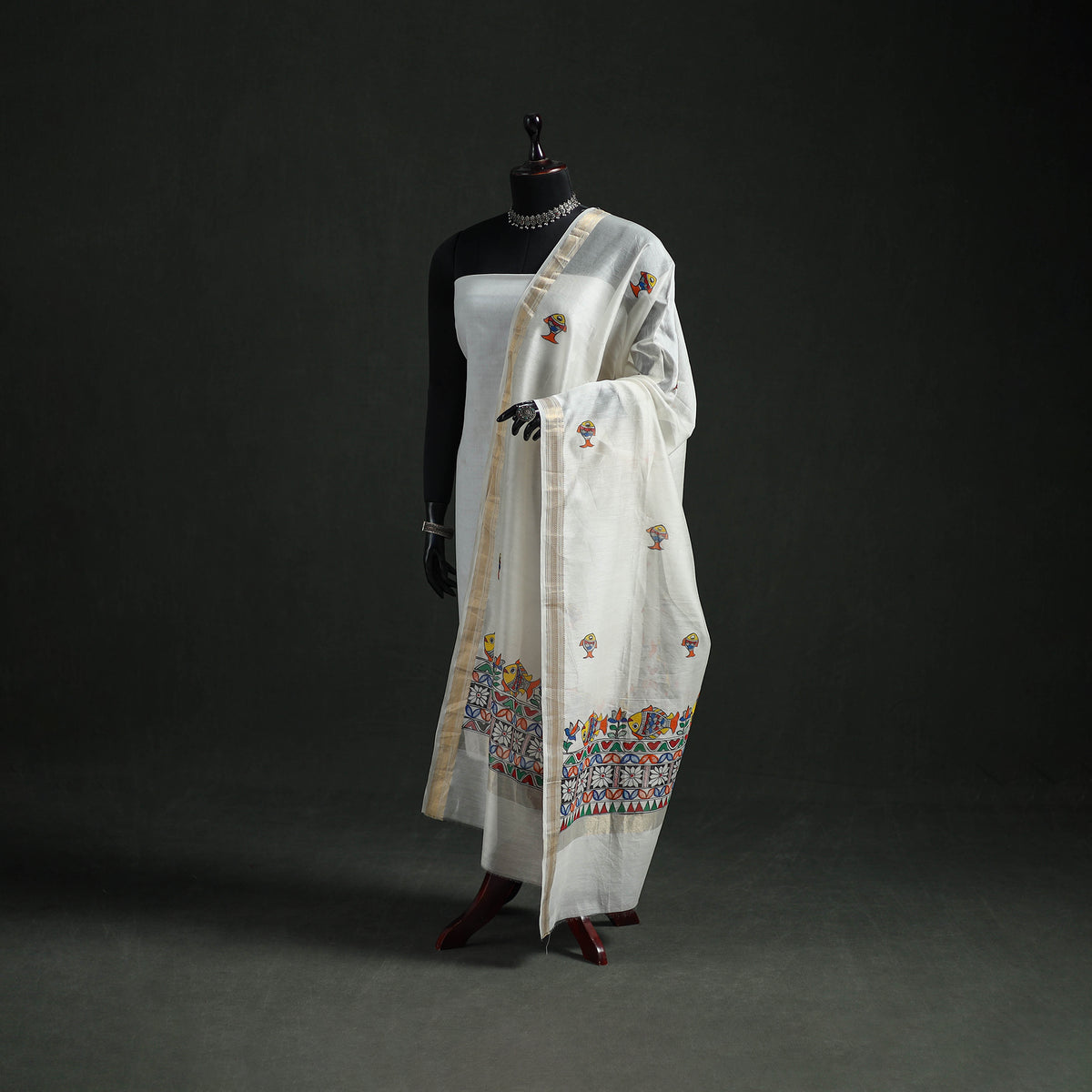 Handloom Chanderi Silk Handpainted Madhubani Dupatta with Zari Border 08
