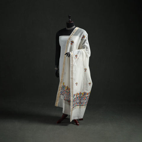 White - Handloom Chanderi Silk Handpainted Madhubani Dupatta with Zari Border 08