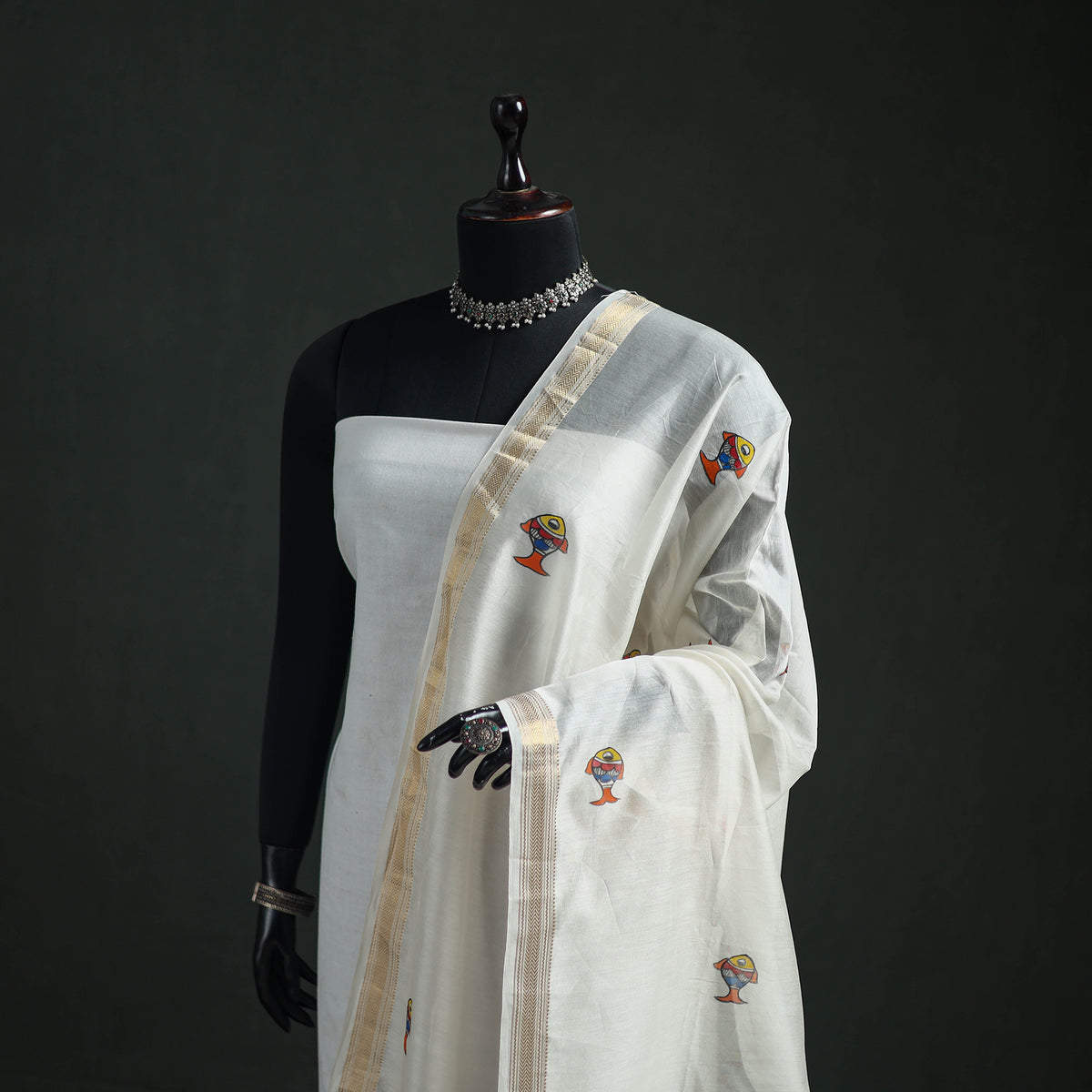 Handloom Chanderi Silk Handpainted Madhubani Dupatta with Zari Border 08