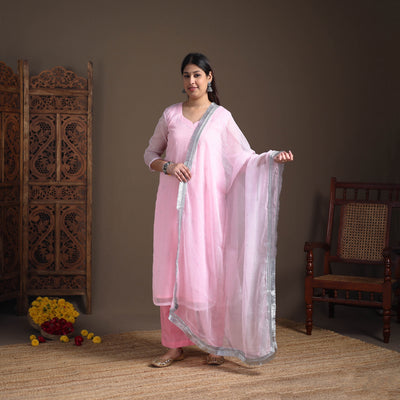 Sequin Work Plain Kota Doria Cotton Suit Set with Lace Work Dupatta for Women 10