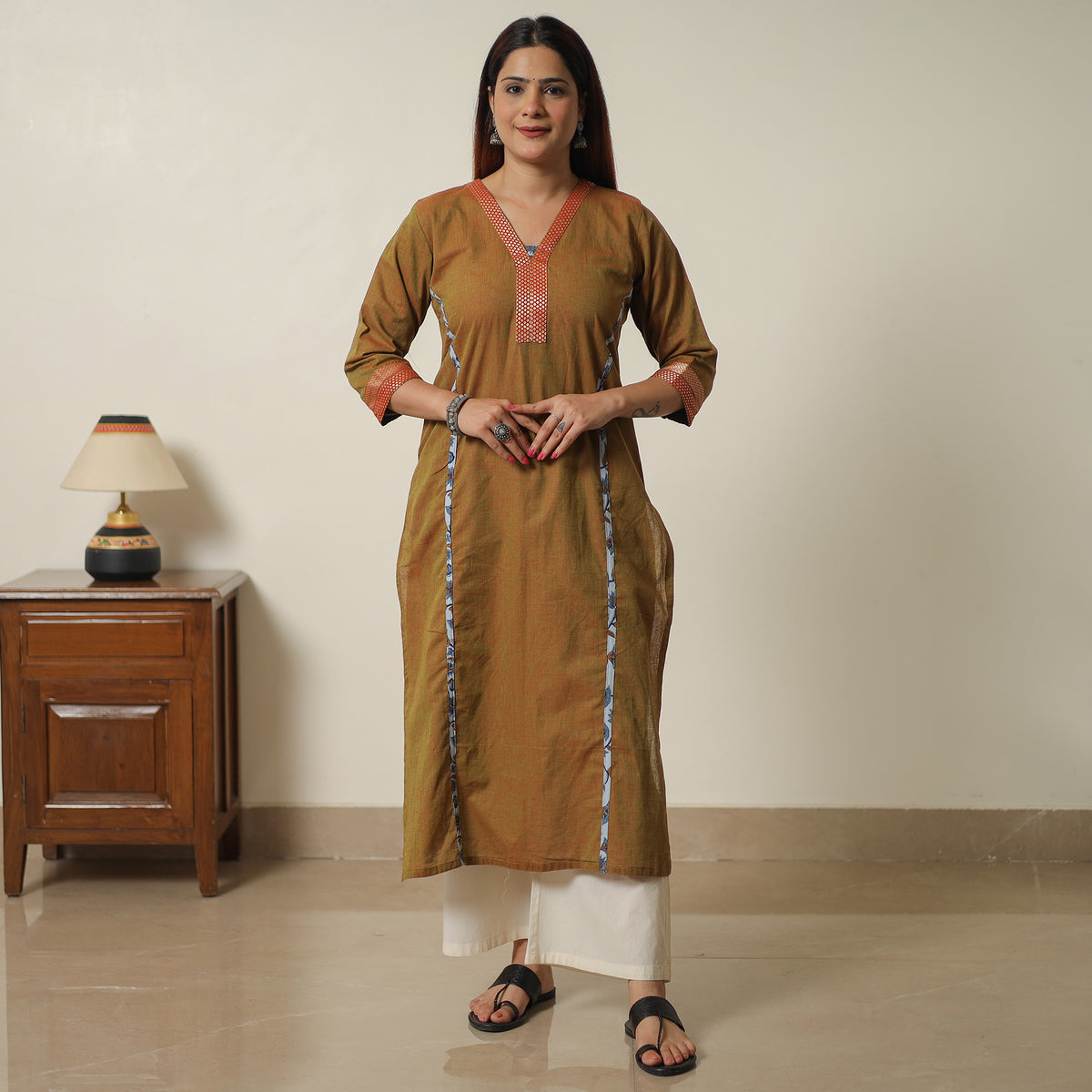 Brown - Dharwad Cotton Straight Kurta with Sanganeri Patchwork 06