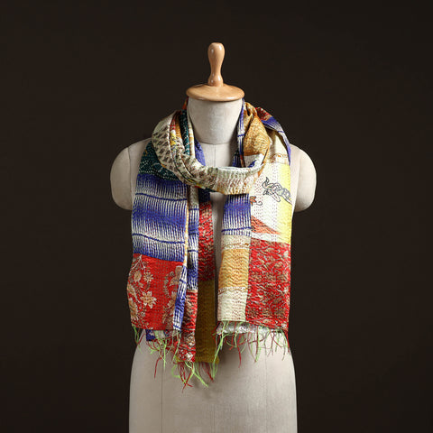 Patchwork Reversible Silk Bengal Hand Kantha Stitch Stole 22