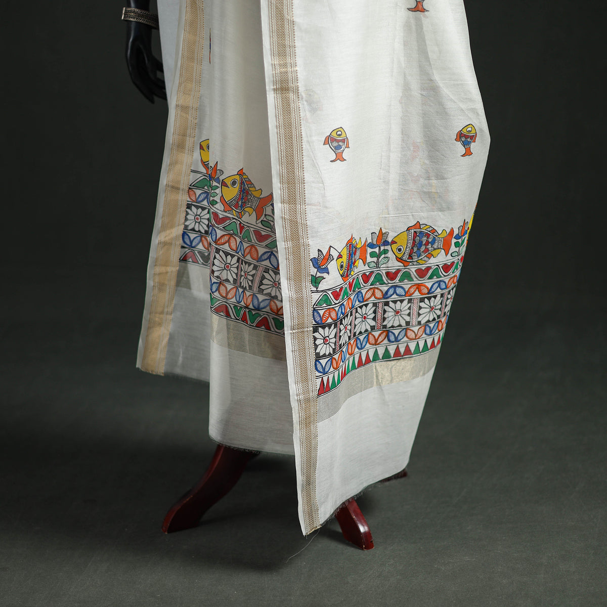Handloom Chanderi Silk Handpainted Madhubani Dupatta with Zari Border 08