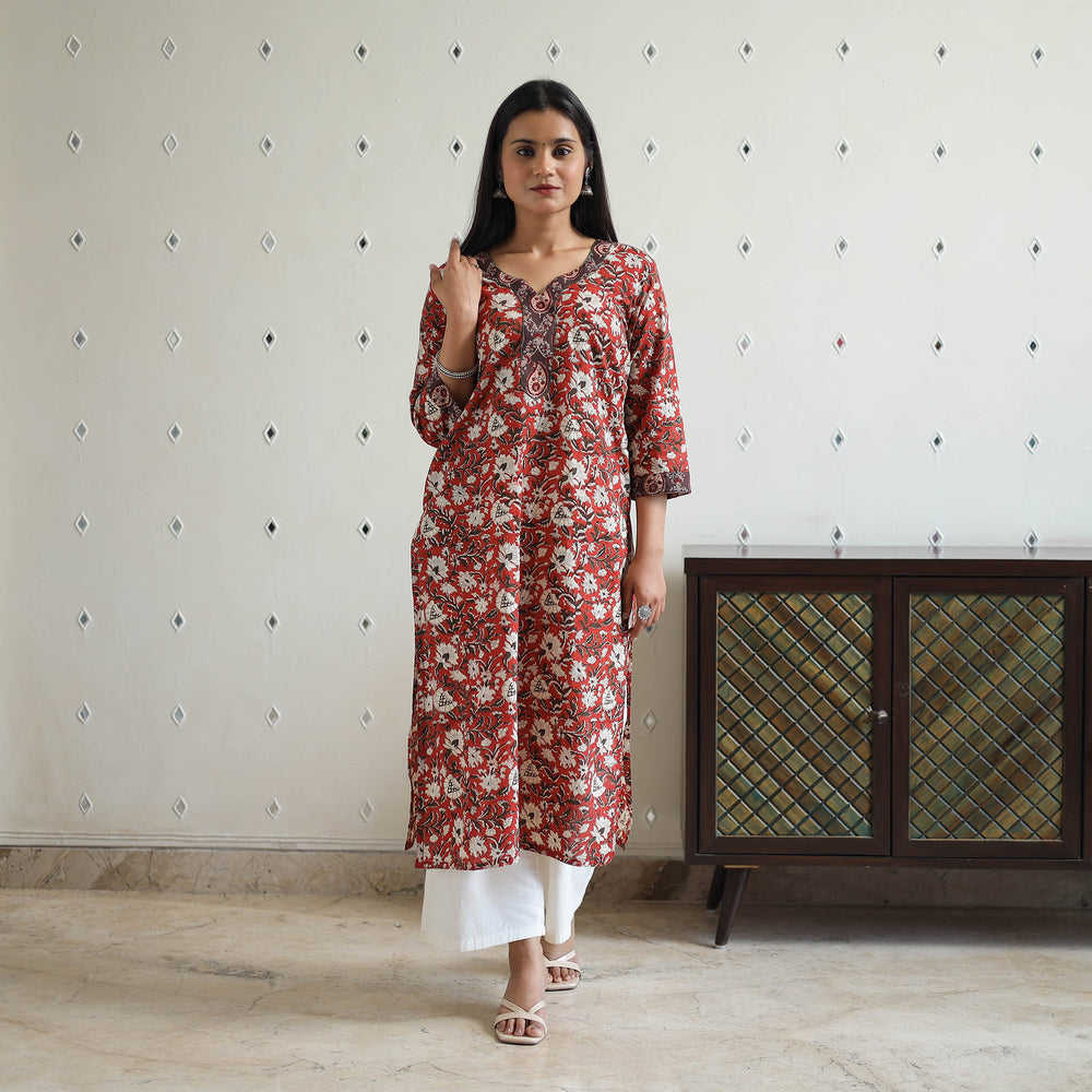 Red - Hand Block Printed Cotton Straight Bagru Kurta 02