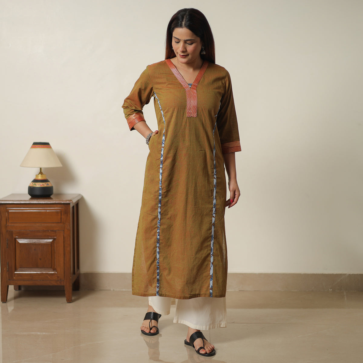 Brown - Dharwad Cotton Straight Kurta with Sanganeri Patchwork 06