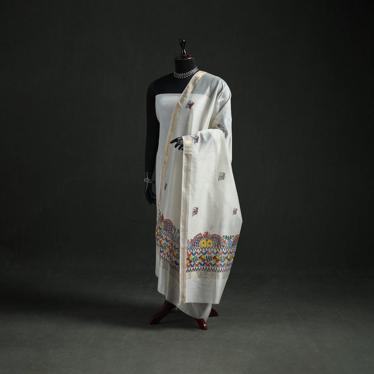 Handloom Chanderi Silk Handpainted Madhubani Dupatta with Zari Border 09