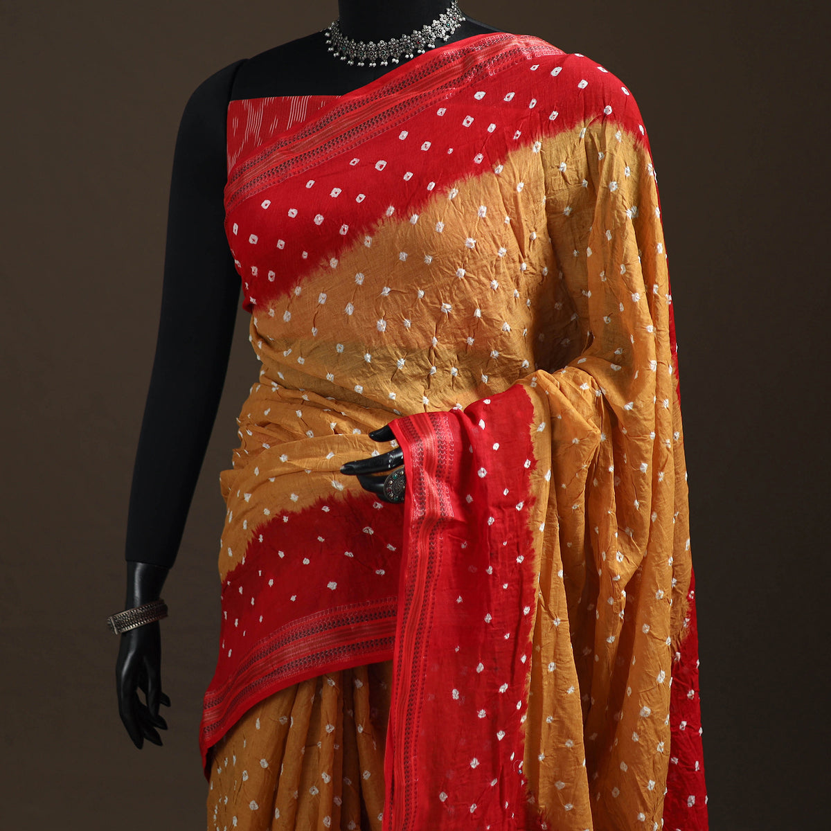 Yellow - Kutch Rai Bandhani Pure Mul Cotton Saree with Blouse Piece 42