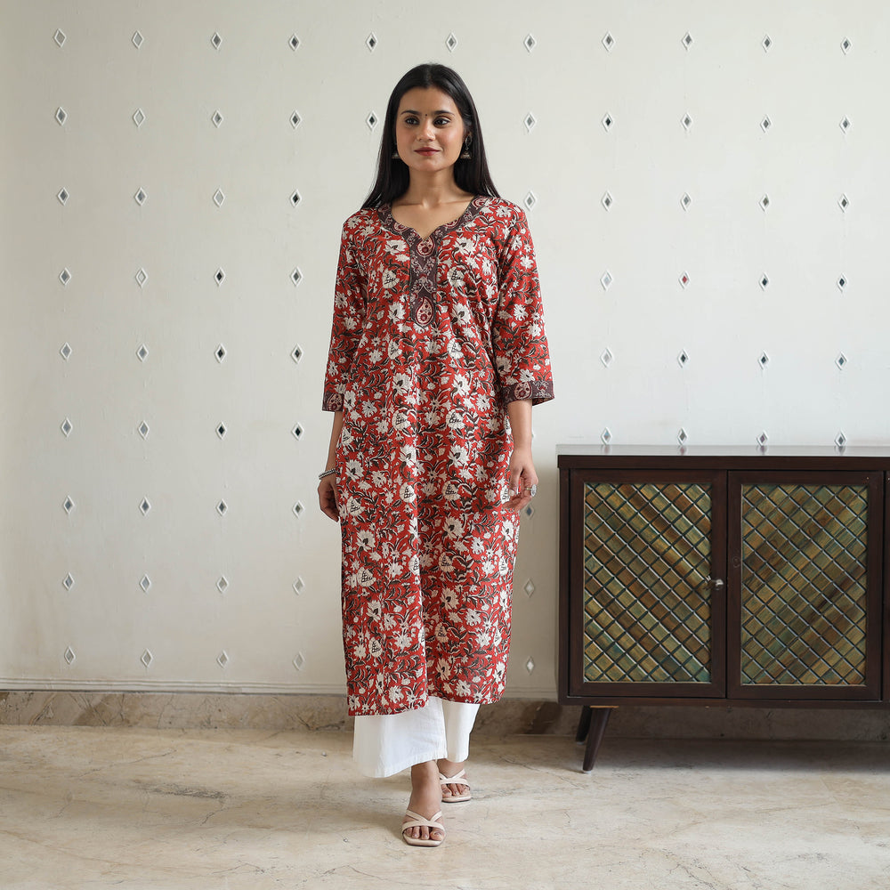 Red - Hand Block Printed Cotton Straight Bagru Kurta 02