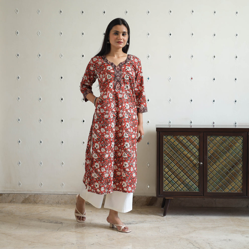 Red - Hand Block Printed Cotton Straight Bagru Kurta 02