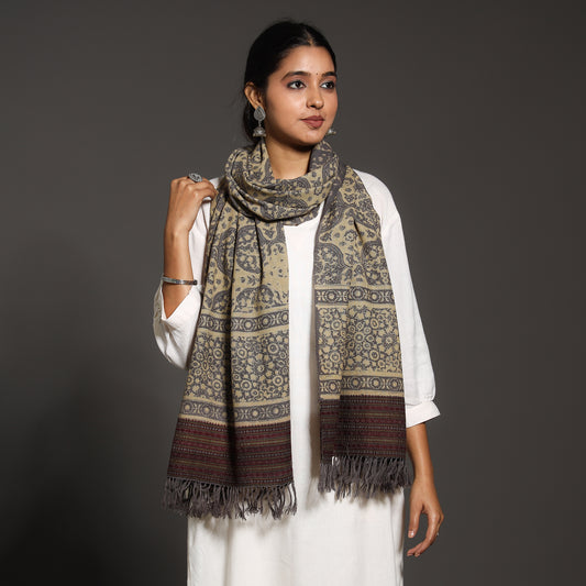 Grey - Kutch Traditional Ajrakh Block Printed Handwoven Pure Wool Stole