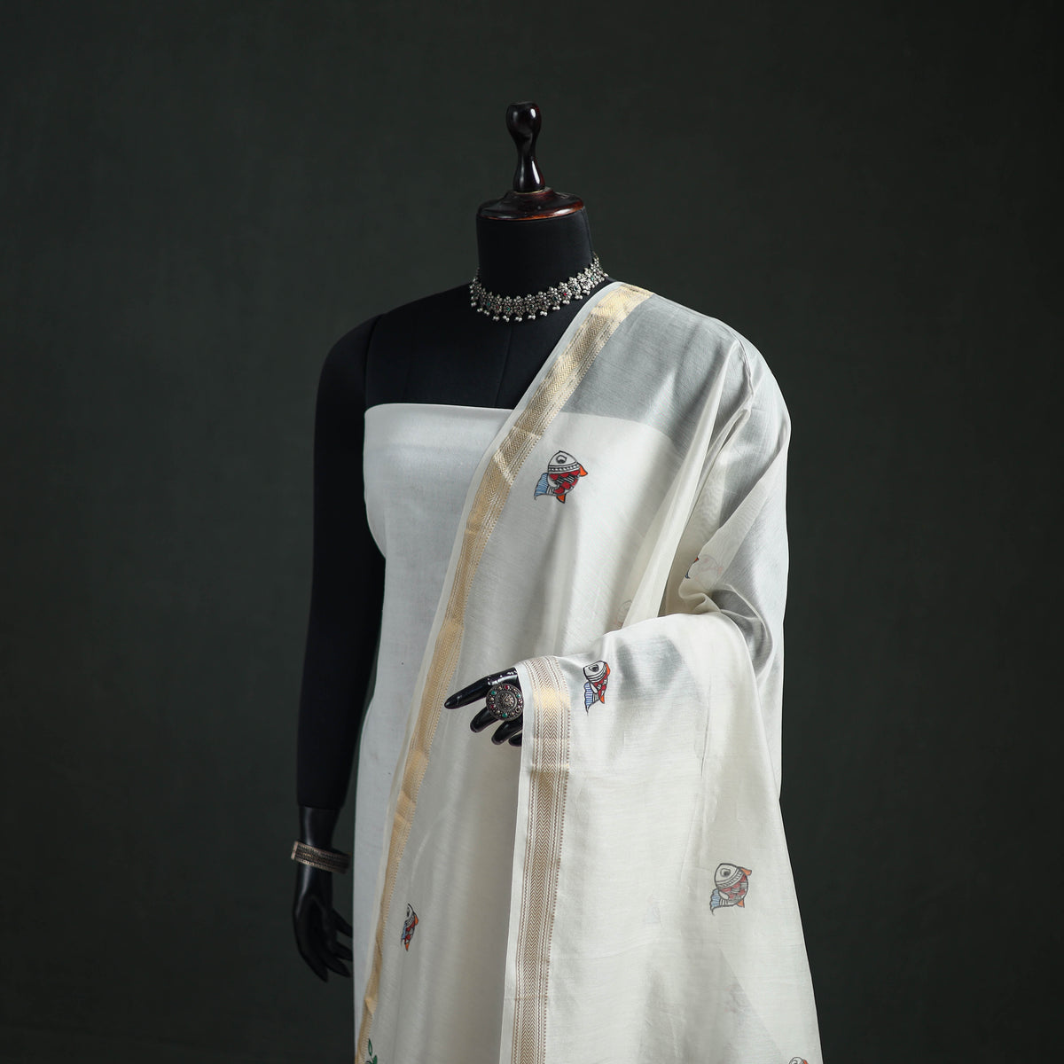 Handloom Chanderi Silk Handpainted Madhubani Dupatta with Zari Border 09