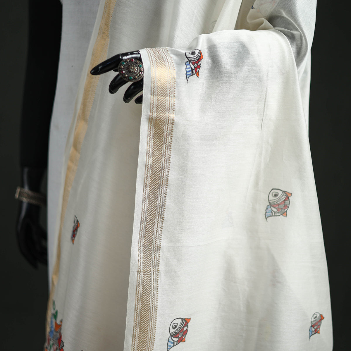 Handloom Chanderi Silk Handpainted Madhubani Dupatta with Zari Border 09