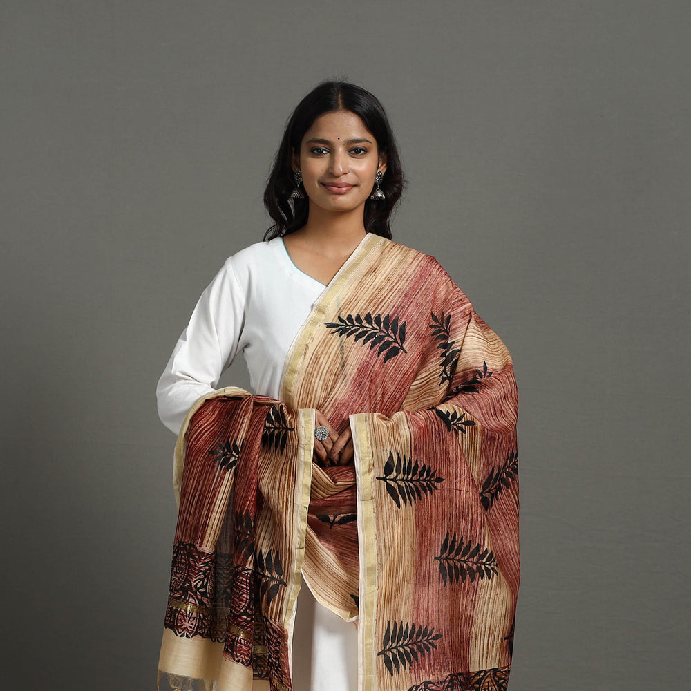 Brown - Block Print Chanderi Silk Zari Border Bagru Dupatta 10