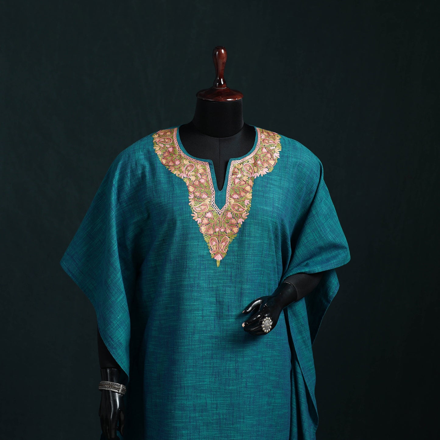 Blue - Kashmiri Aari Hand Embroidered Cotton Kaftan (Long) 47