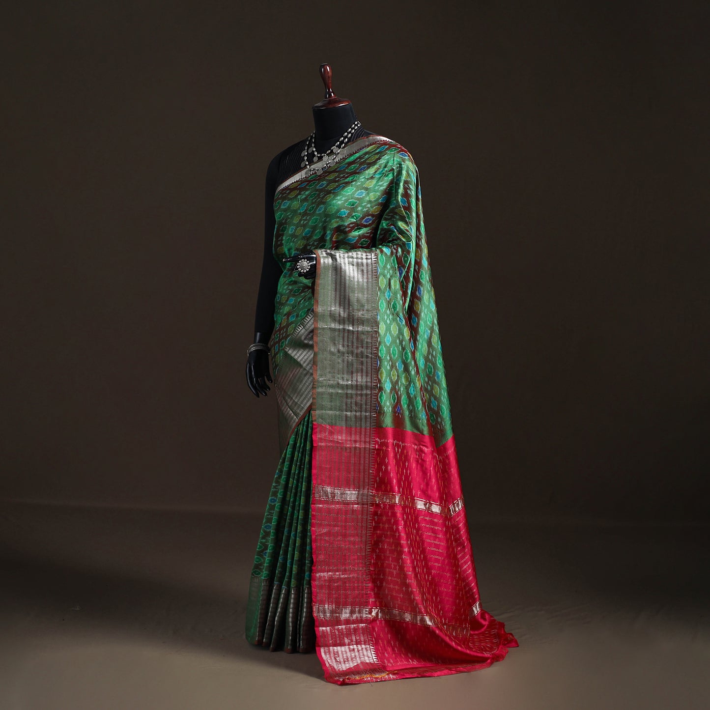 Green - Traditional Pochampally Ikat Handwoven Pure Silk Pattu Saree with Rudraksha Border 03