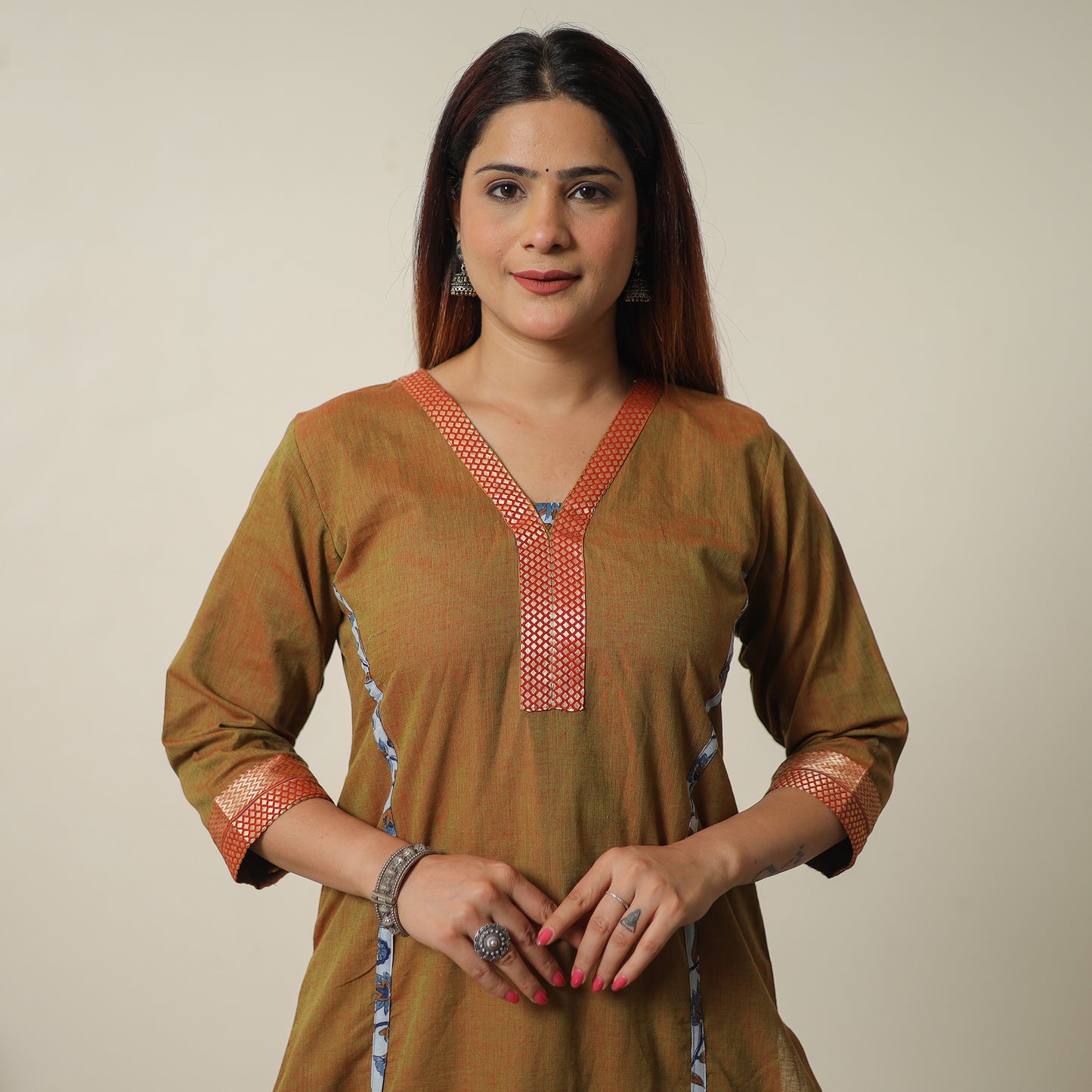 Brown - Dharwad Cotton Straight Kurta with Sanganeri Patchwork 06