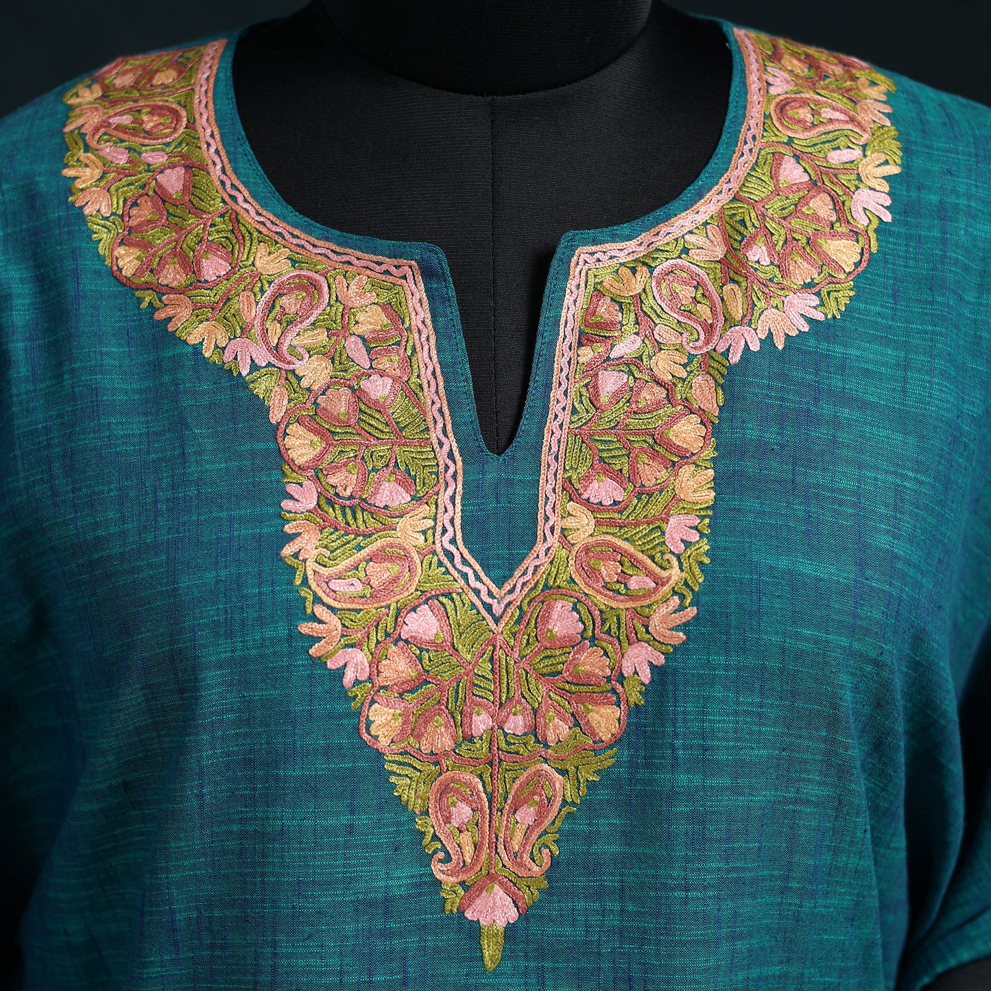 Blue - Kashmiri Aari Hand Embroidered Cotton Kaftan (Long) 47