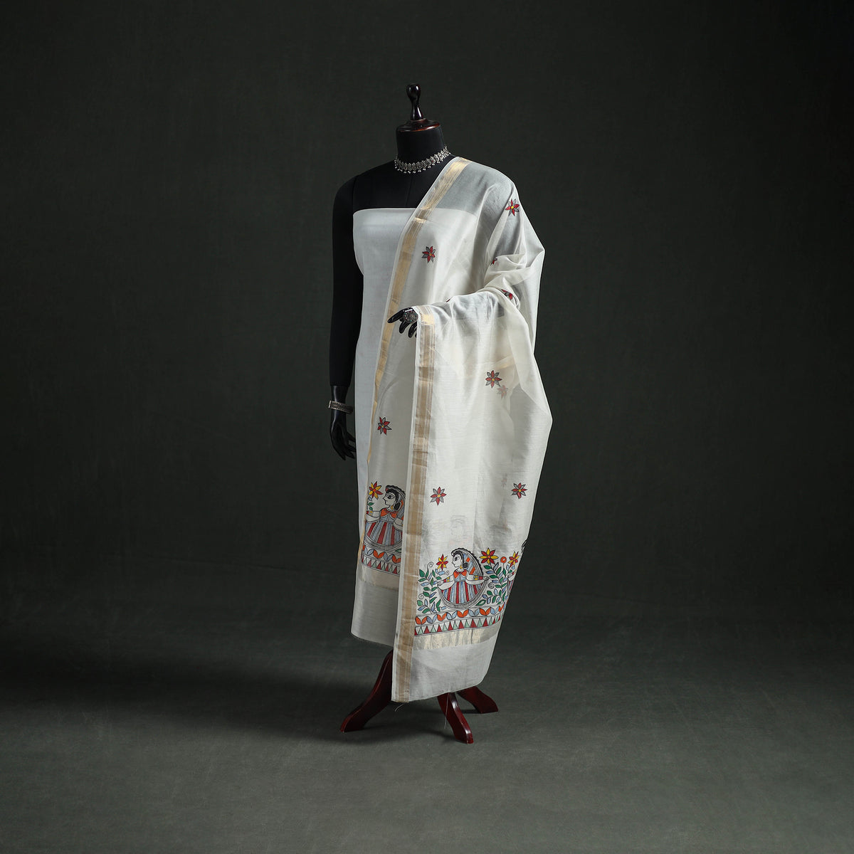 Handloom Chanderi Silk Handpainted Madhubani Dupatta with Zari Border 10