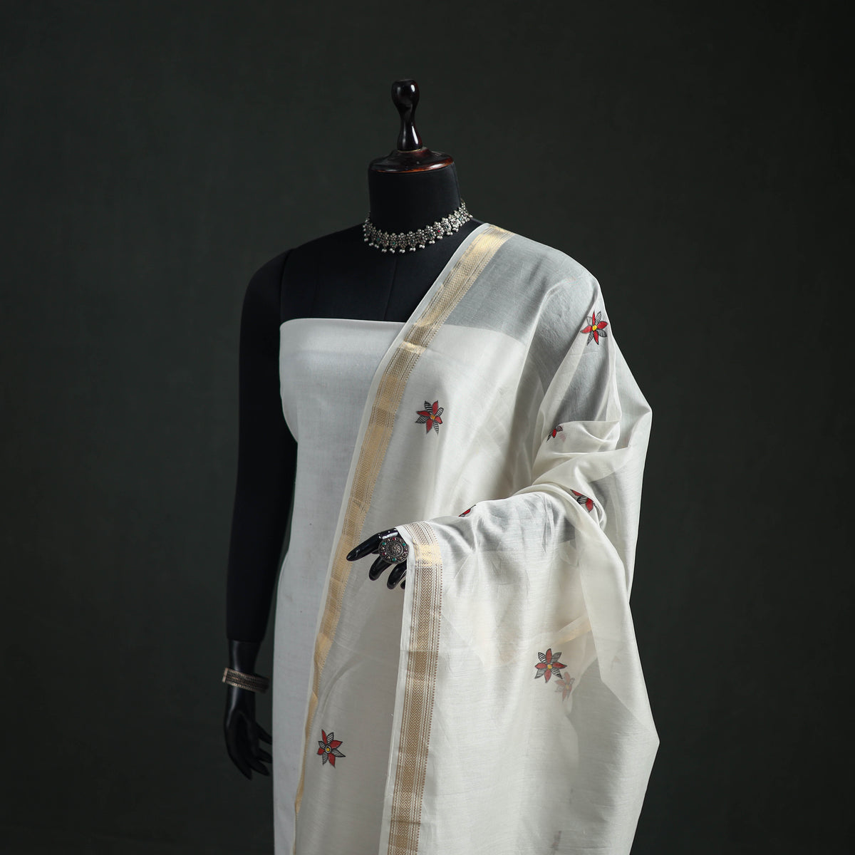 Handloom Chanderi Silk Handpainted Madhubani Dupatta with Zari Border 10